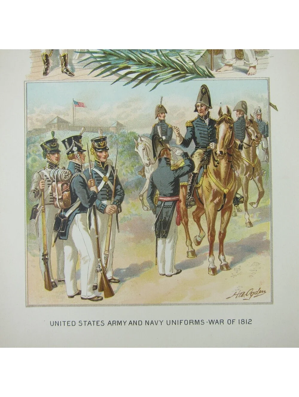 Chromolith Book Plate US Army & Navy Uniforms War of 1812 HA Ogden Antique 1890s